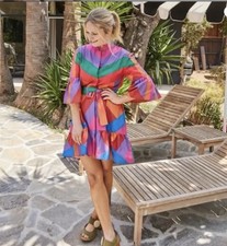 FARM RIO Amanda Stripes Mini Dress Tiered Ruffle Button Front Multicolor XS New