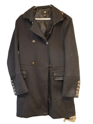 H&M Men's Black Military Coat 38R Button Epaulette Stand-Up Collar Long Lined