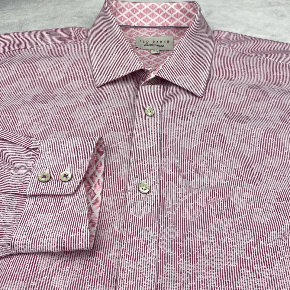 Camisa de vestir Ted Baker Endurance para hombre 16,5-32/33 rosa floral calce ajustado puños abatibles Foto 4 de 4