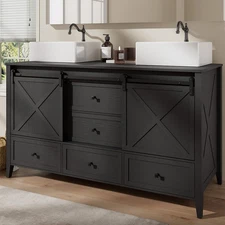 60" Black Bathroom Vanity with Sink Floor Stand Storage Cabinet Set Wood Grain