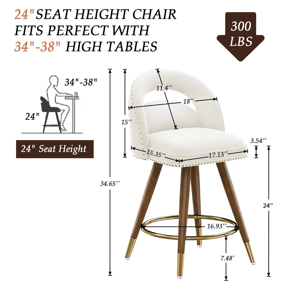 24" Counter Height Bar Stools Set of 2 Swivel Velvet Low Back Counter Bar Chair - Image 3 of 4