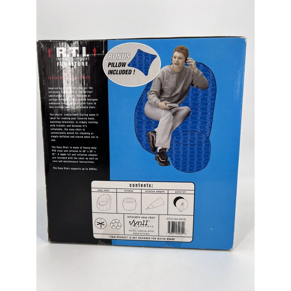 Silla Inflable Y2K De Colección Años 90 Almohada Otomana Adulto Adolescente Azul Onda Groovy Retro Foto 2 de 4