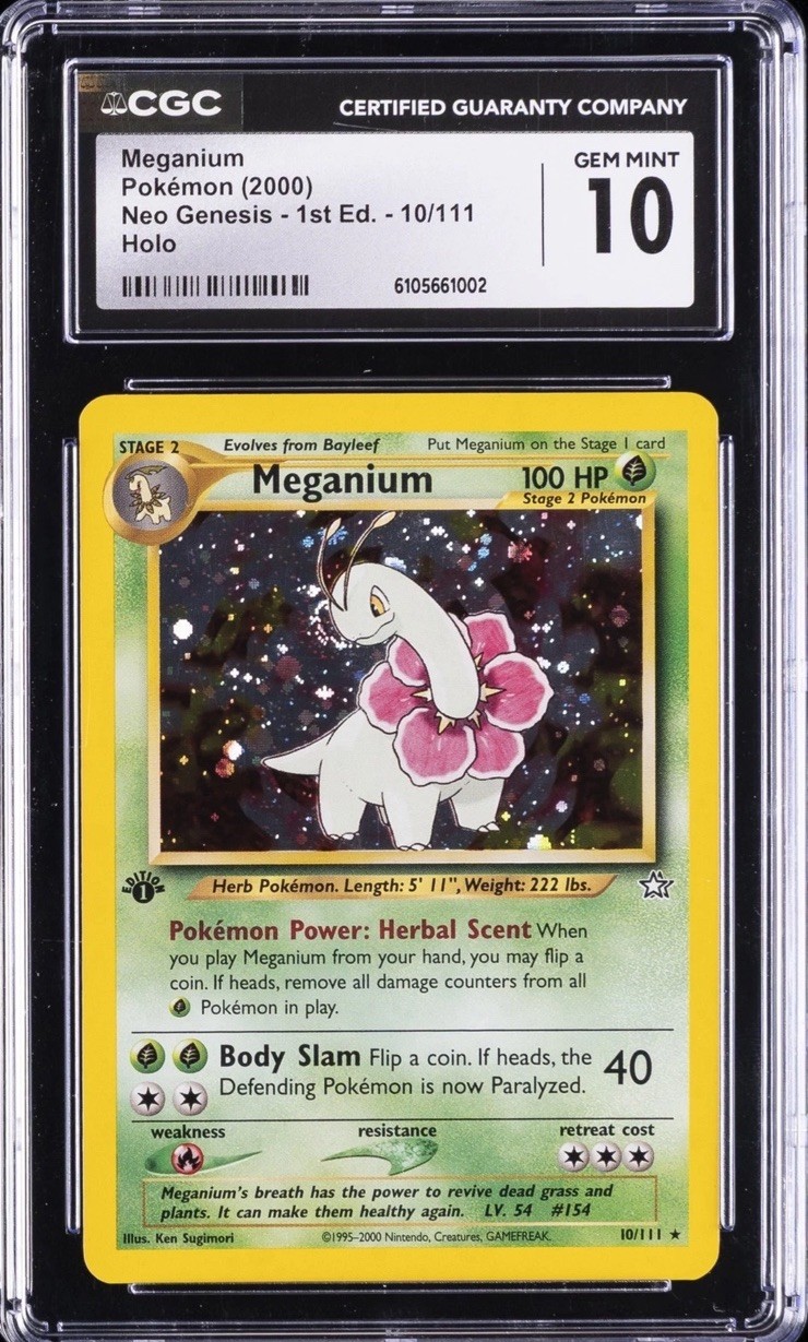 2000 Pokemon CGC 10 Meganium Neo Genesis 1st Edition Holo 10/111 Top Pop 40k PSA