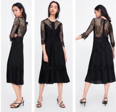 Zara Basic Black Lace Pleated Midi Dress Size Small 3/4 Sleeves Sheer Back | eBay Zara Basic Black Lace Pleated Midi Dress Size Small 3/4 Sleeves Sheer Back | eBay