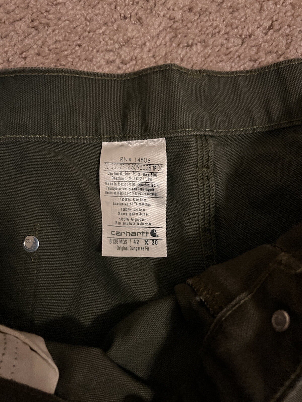 Vintage Carhartt MOS Green Duck Double Knee Work Dungaree Pants B136 42x30 thumbnail 8