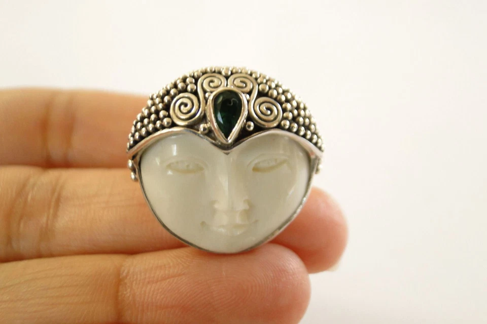 Anillo de plata de ley 925 de cuarzo verde ojos abiertos de diosa balinesa 5 6 7 8 9 10 Foto 2 de 3