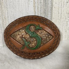 Vtg Leather Oval Belt Buckle "S" Hand Painted Stitched Wrapped Edge Boho Western