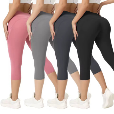Damen High Waist Fitness Capri Leggings mit Taschen Radhose