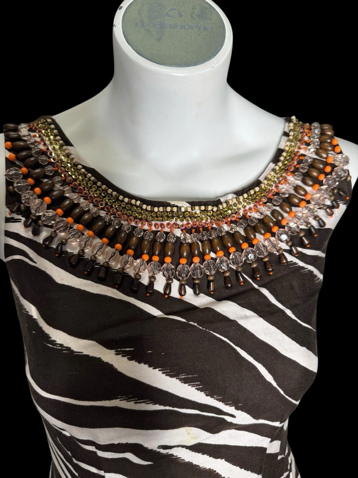 Mini abito Kate Spade marrone zebrato righe stampato perline seta cambio cotone 0 XS