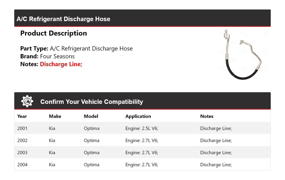 Manguera de descarga de refrigerante aire acondicionado Kia Optima 2001-2004 4 estaciones 2002 2003 Foto 2 de 4