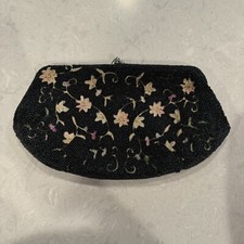Vintage Black seed bead and tan cruel Clutch bag or purse Belgium AS IS