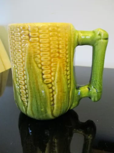 Old Antique VIntage Yellow Ware Majolica Stoneware Corn Tankard Mug Cup!