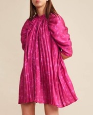 Acler Ivy Mini Dress Fuchsia Pink Puff Sleeve Waist Belt Designer Pleated AU 8 S