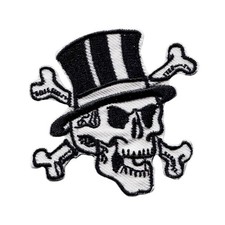 Skull with Top Hat and Crossbones Black  White Embroidered Iron on Patch