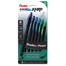 EnerGel Kuro, Shades of Peace, Liquid Gel Pen, 0.7mm, 6-pk