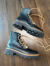 Marc Fisher Black Leather Shearling-Lined Lace-Up Boots with Tan Laces