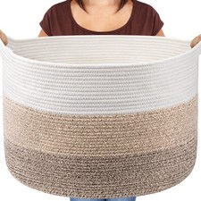 Extra Large Blanket Basket Living Room, 22 X 22 X 14 Woven Cotton Rope Laundr...