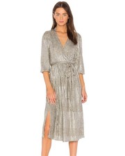 Alice + Olivia Katina Metallic Rib Knit Dress 8 New Midi V-Neck Belt Gold $395