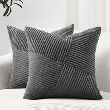 2 Pack 18x18 Inch Corduroy Throw Pillow Covers Boho Striped Patchwork Dark Grey