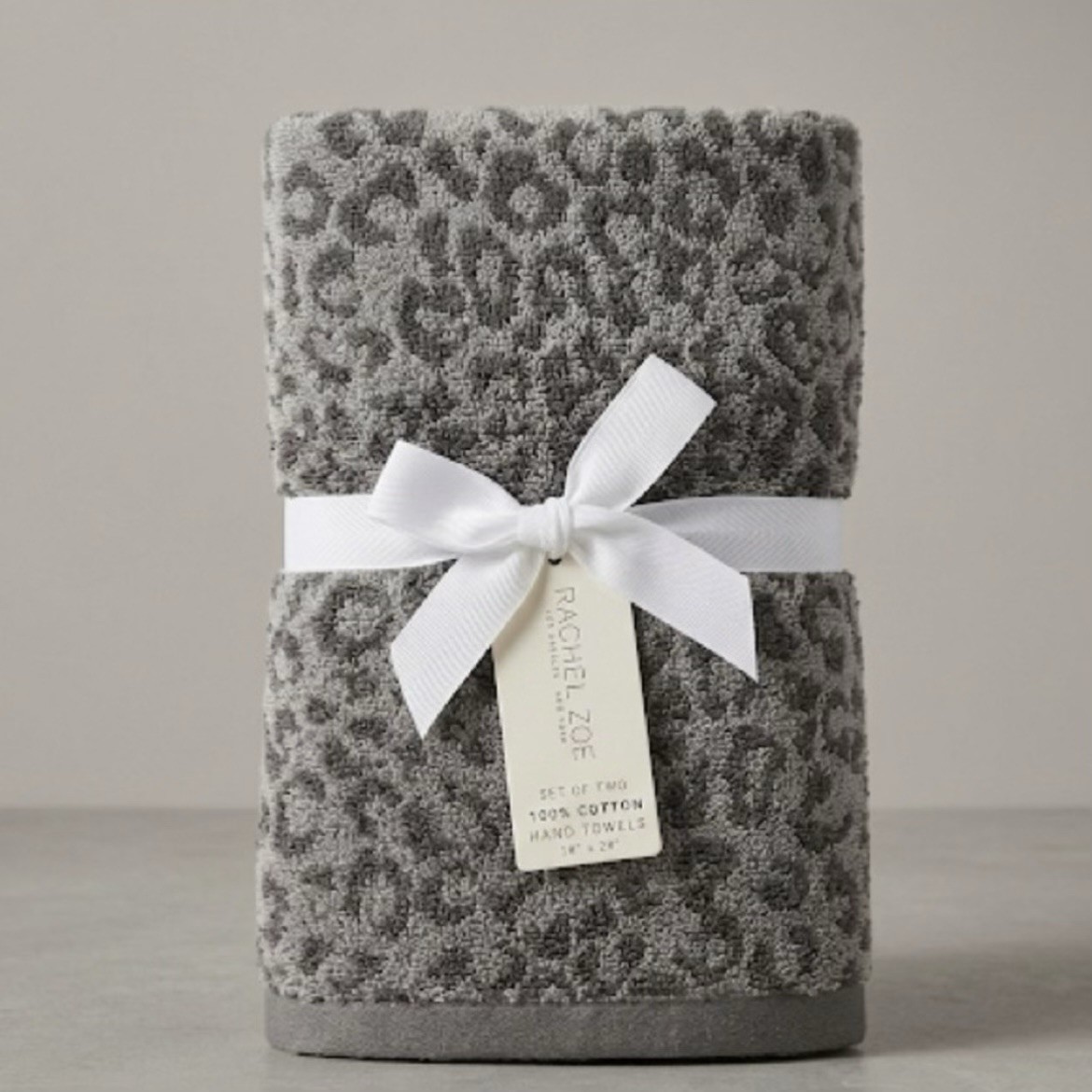 Rachel Zoe Set of 2 Gray Leopard Print Hand Towels NWT Reversible 100% Cotton