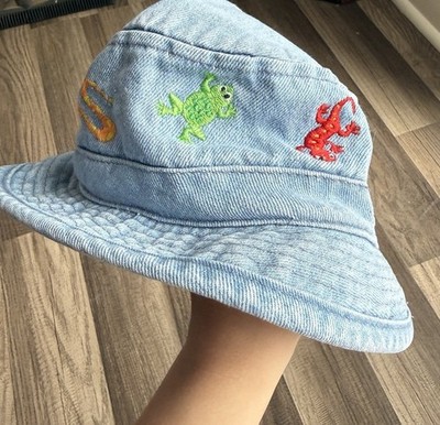 Vintage Kids 6-12m Denim Bucket Hat Embroidered Frog Turtle Snake Blue A.B.G.