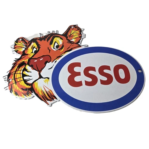 Vintage Esso Gasoline Porcelain Sign - Gas Service Station Auto Tiger Tank Sign