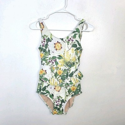 Kortni Jeane White Green Floral Tropical Ruffle One Piece Bathing Swimsuit XS