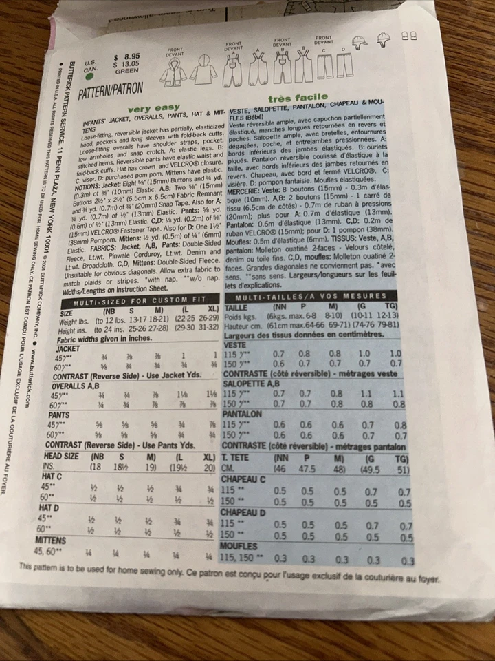 Butterick 5713 Infant Baby Jacket Overalls Pants Hat Mittens Sewing NB, S & M - Image 2 of 3