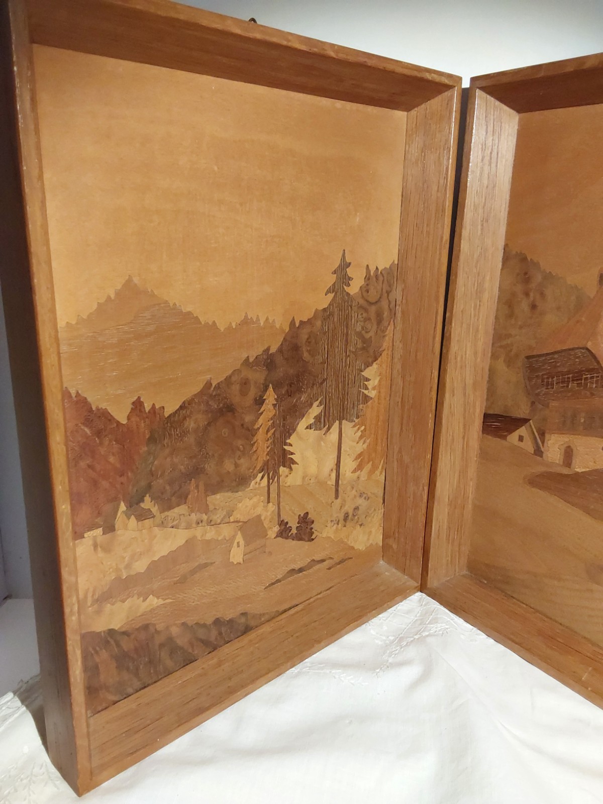 Set 2 Vintage German Inlaid Marquetry Wood Inlay Mountain/Alps by Paul Schaefer