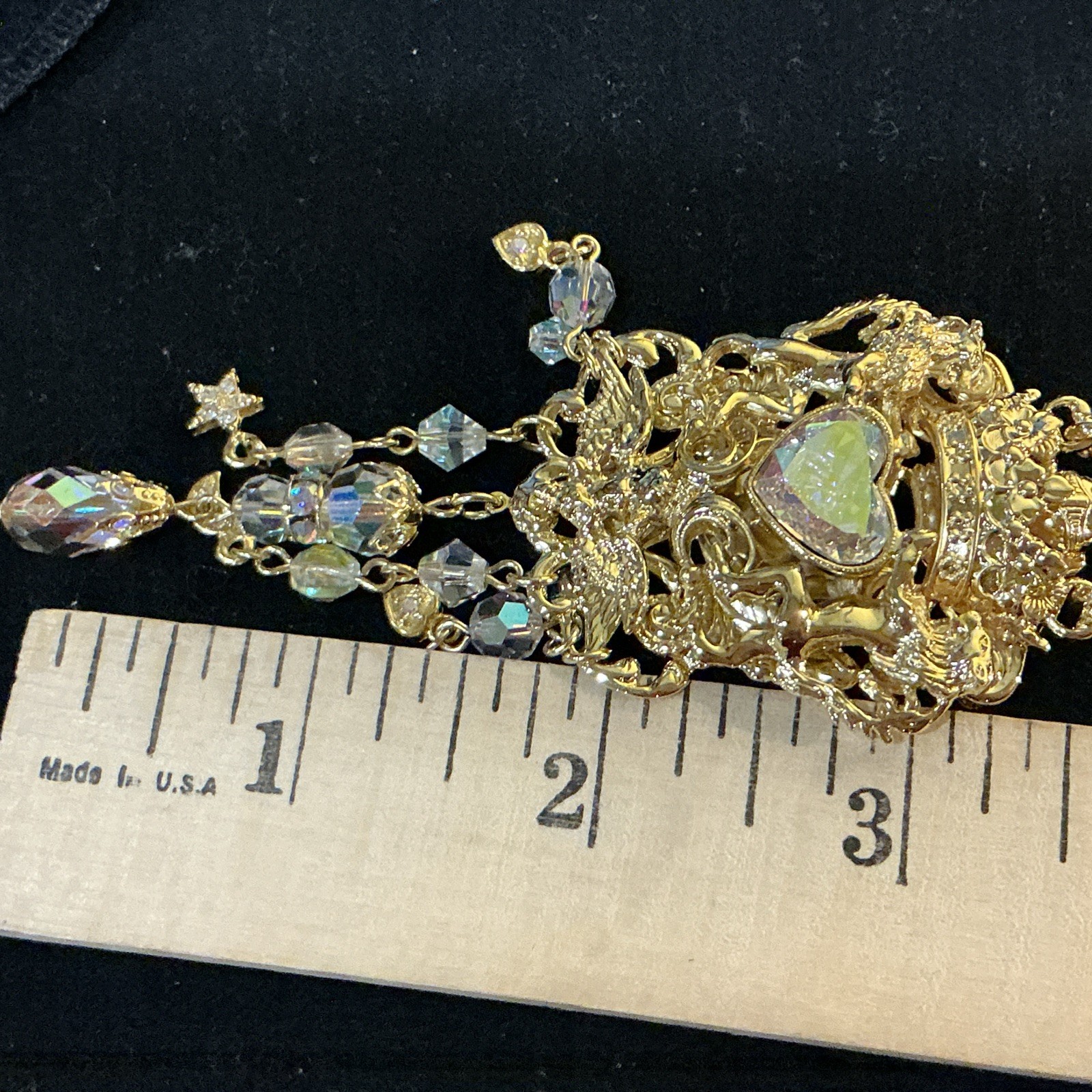 Kirks Folly QVC Medieval Gold Tone AB Crystal Heart Dangle Pin Brooch Necklace