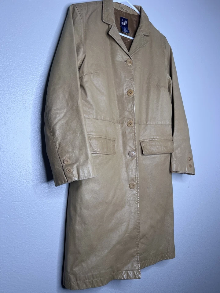 GAP Vintage 100% leather tan classic wardrobe capsule women’s trench coat S - Image 3 of 4