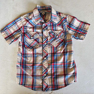Old Navy Boys XS White/Blue/Red Plaid SS Western Shirt w/ Pockets Pearl Snap