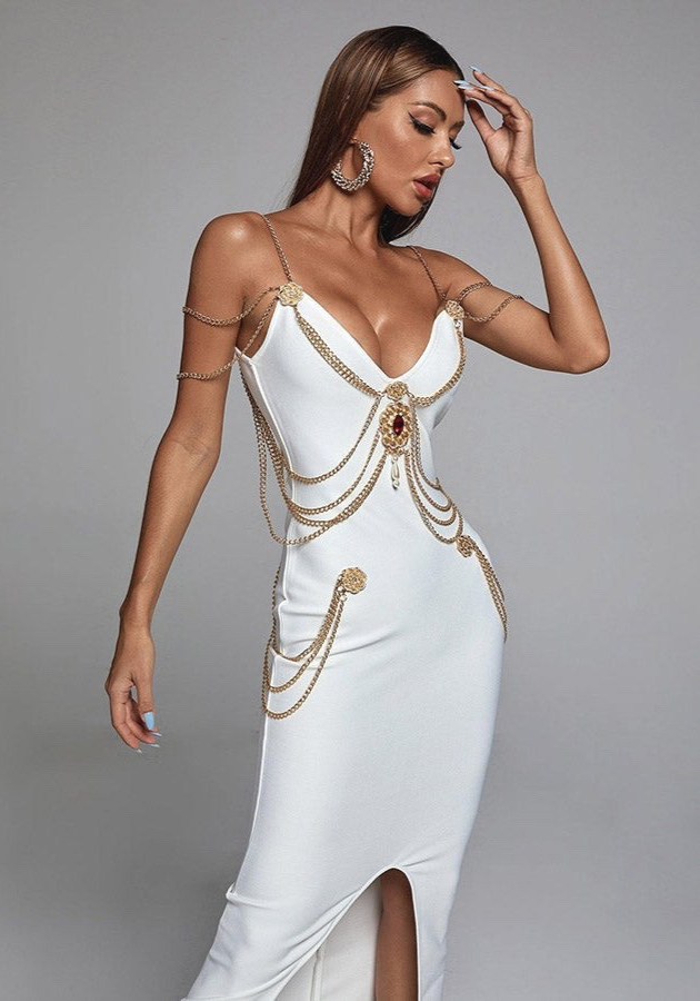 green emerald velvet dress White A-Line Dress w/ Gold Print and Belt w/ Metal Gold Chain – Perfect Wear main image 1