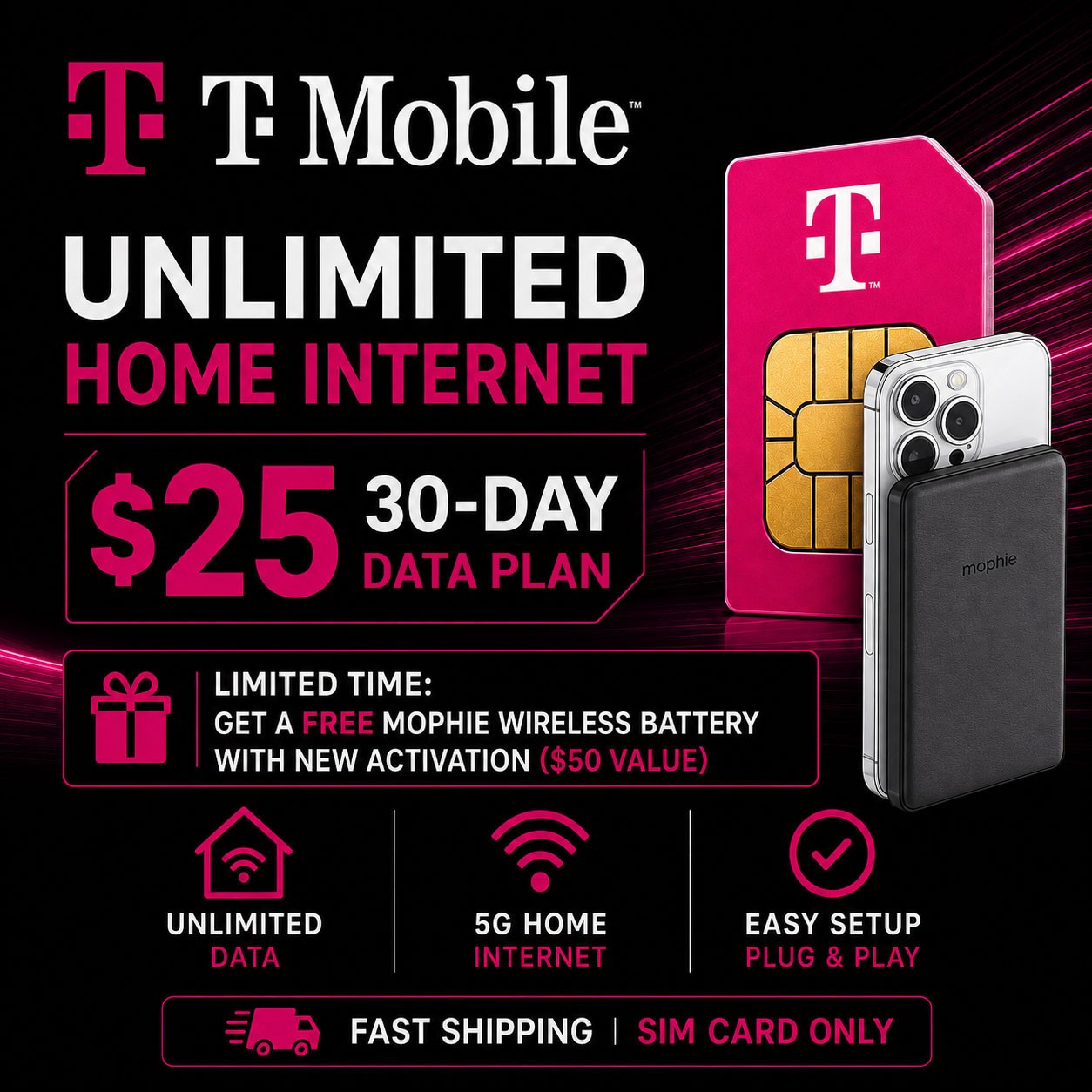 ⚡️ $25/mo T-Mobile Unlimited premium data 5G/4G Plan High speed hotspot 30-day