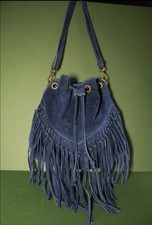 Navy Blue Suede Bucket Fringe Bag Hobo Bag