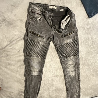 Men s Gray Washed Biker Style Denim Jeans with Zipper Pockets