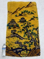 Vtg 70s Handmade Latch Hook Rug Wall Hanging Oriental Asian Pagoda Mountain