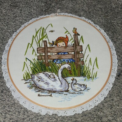 Vintage Hummel Needlework Wall Hanging Round Completed Swan Girl