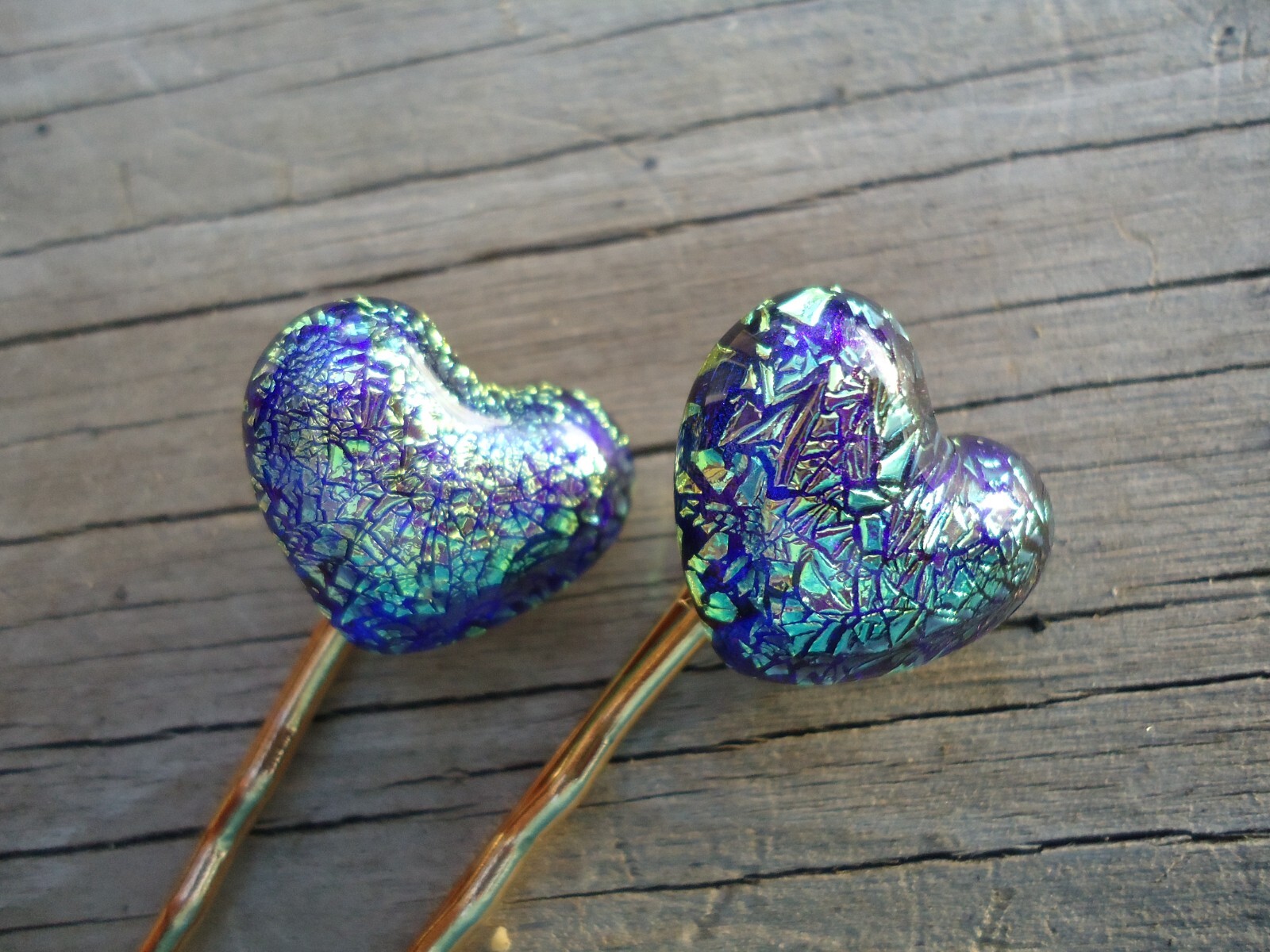 Dichroic Glass Blue Heart Bobby Pins Gold Tone Hair Clip Pair