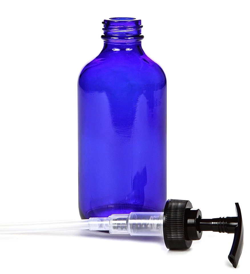 , 4, Large, 8 Oz, Empty, Cobalt Blue Glass Bottles with Black Lotion Pumps - Image 4 of 4