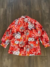 Vtg Red Floral Jacket Button-Up Long Sleeve Pockets Retro