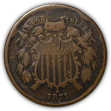 1871 Two Cent Piece Very Fine VF Coin, Damage #7294