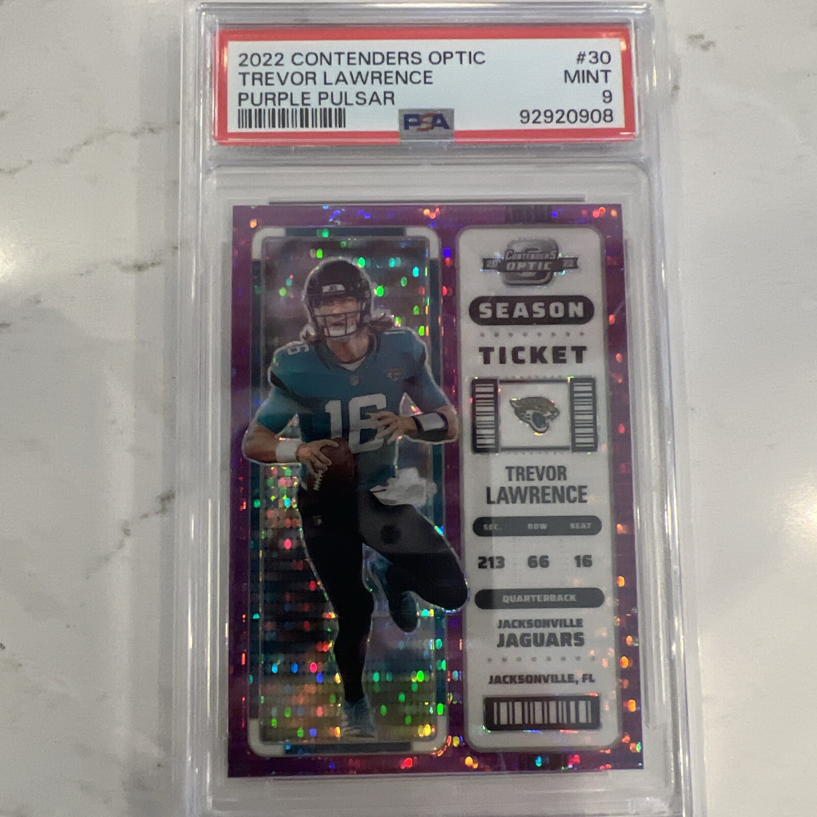 2022 Contenders Optic -Season Ticket Purple Pulsar Prizm #30 Trevor Lawrence /26