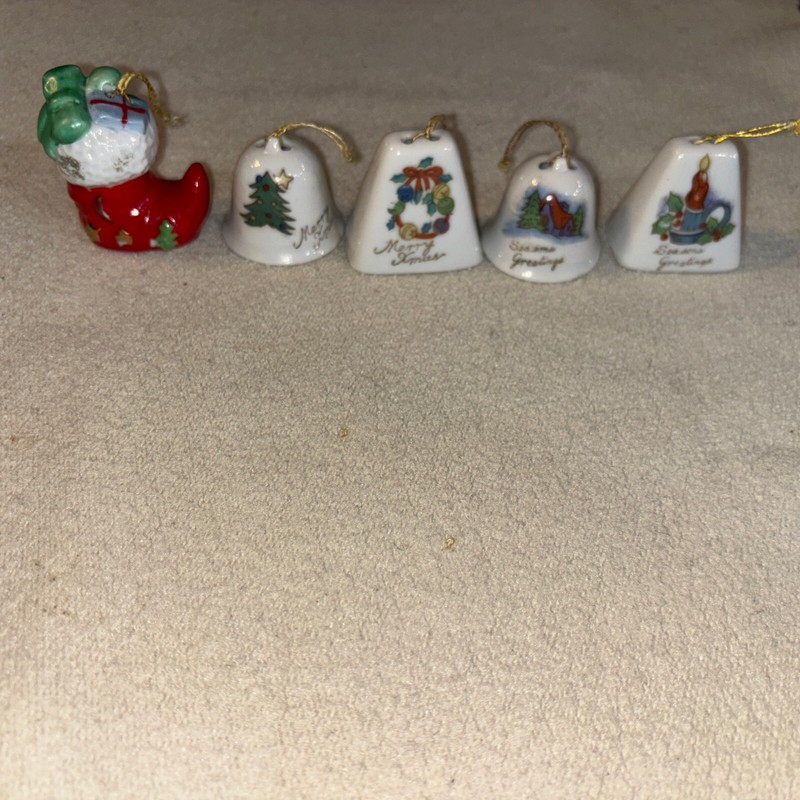 5 Vintage Porcelain Christmas Bell Ornaments: Japan, small 1.5-2 Inches