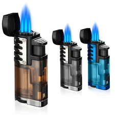 Cigar Lighter Triple Jet Flame Refillable Butane Torch Lighters Adjustable Rest