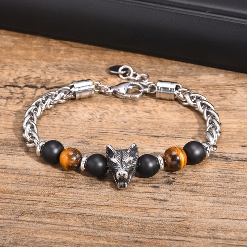 Pulseras de acero inoxidable Vnox para hombre, pulseras cabeza de lobo ojo de tigre de 8 mm - Imagen 9 de 16