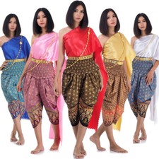 Traditional Thai Lao Khmer Women Outfit Silk Harem Pants Satin Wrap Top Costume