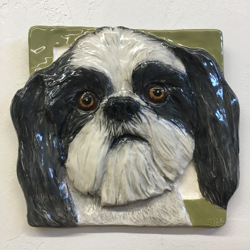 Shih Tzu Ceramic dog tile wall hang handmade sculpture by Sondra Alexander Art
