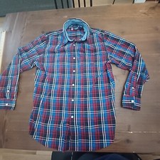 Chaps Mens Cotton Long Sleeve Button Down Red Teal Navy Plaid Dress Shirt Large