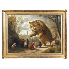 Vintage Giant Cat Attack Art Print – Surreal Victorian Scene with Colossal Felin